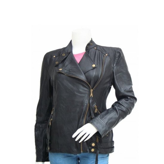 Golden Zipper Black Leather Motorcycle Jacket