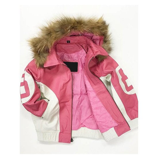 8 Ball Shearling Pink Leather Hooded Jacket