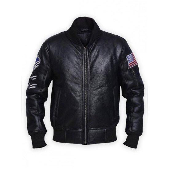 American Flag Black Leather Bomber Jacket for Men