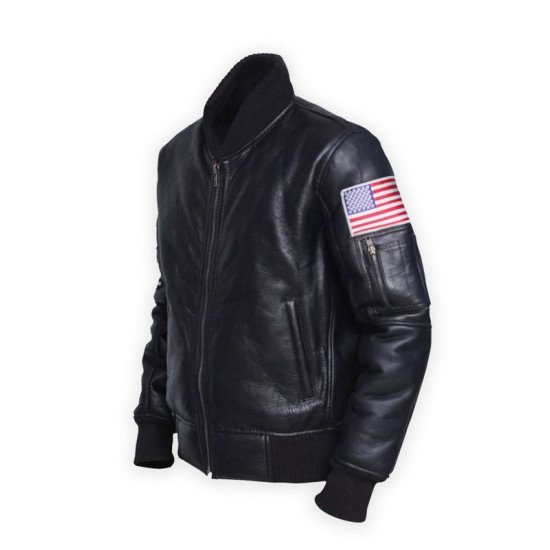 American Flag Black Leather Bomber Jacket for Men