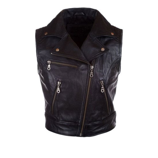 Black Leather Motorcycle Vest for Women