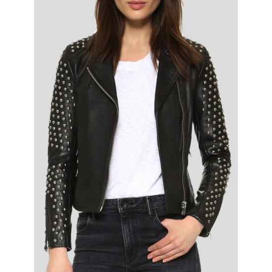 Black Motorcycle Leather Studded Jacket for Women