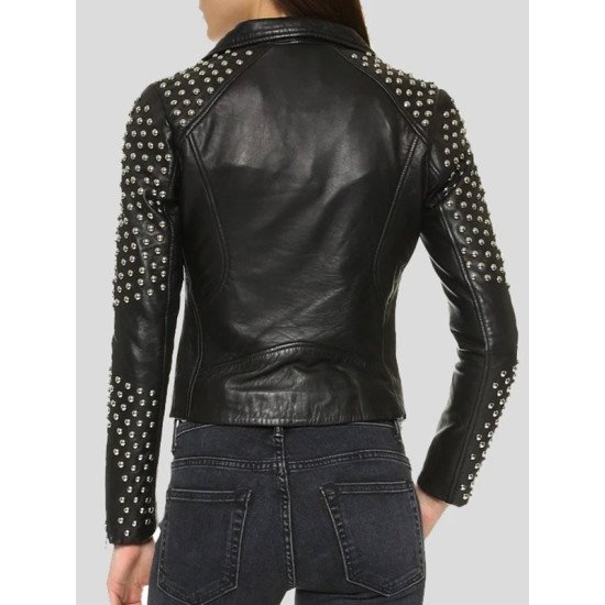 Black Motorcycle Leather Studded Jacket for Women