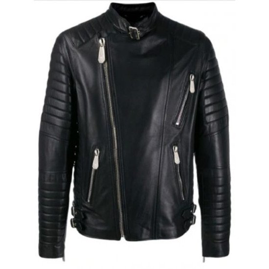 Black Padded Sleeves Biker Leather Jacket For Men