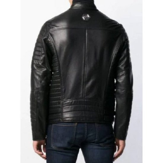 Black Padded Sleeves Biker Leather Jacket For Men