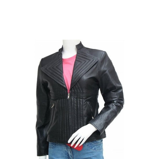 Black Quilted Design Black Leather Jacket For Women’s