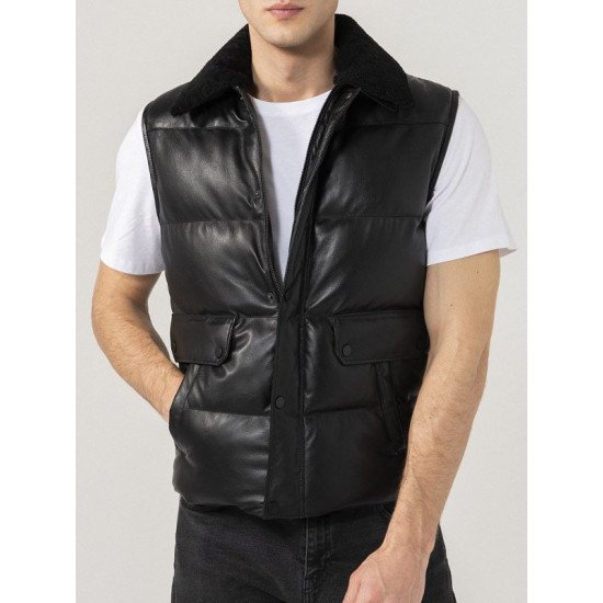 Black Shearling Collar Leather Puffer Vest for Men