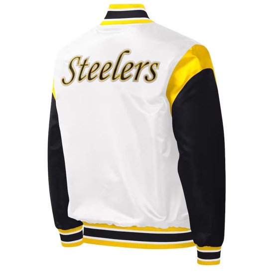 Black White Pittsburgh Steelers Throwback Warm-Up Pitch Varsity Satin Jacket