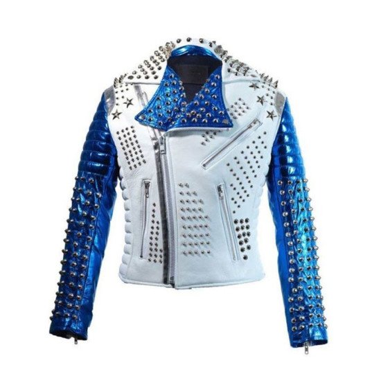 Blue & White Silver Studded Punk Leather Biker Jacket For Men