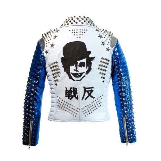 Blue & White Silver Studded Punk Leather Biker Jacket For Men