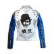 Blue & White Silver Studded Punk Leather Biker Jacket For Men