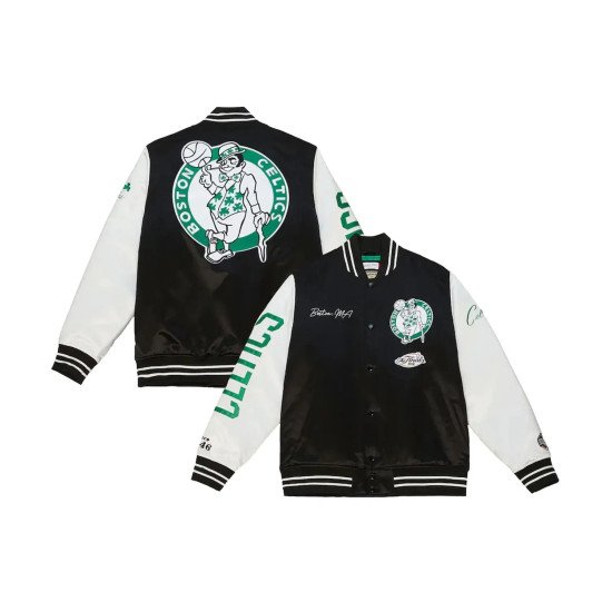 Boston Celtics Team Origins Varsity Black and White Satin Jacket