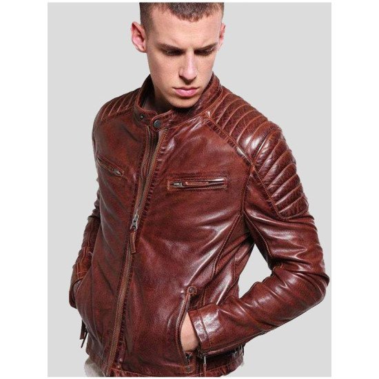 Brown Moto Racer Leather Biker Jacket For Mens