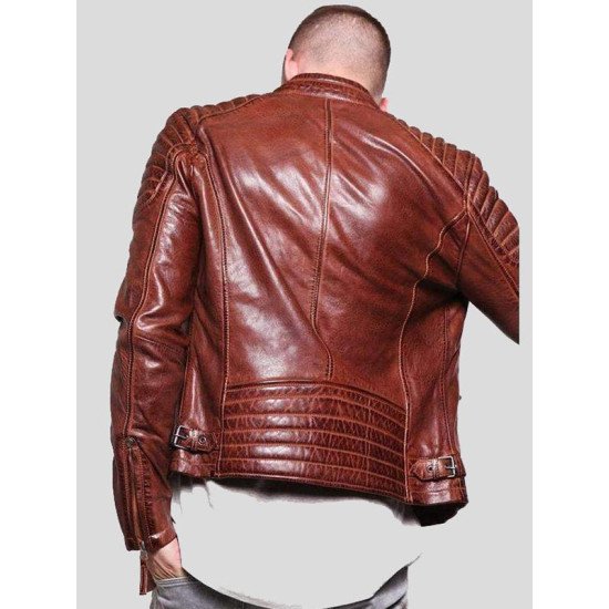 Brown Moto Racer Leather Biker Jacket For Mens