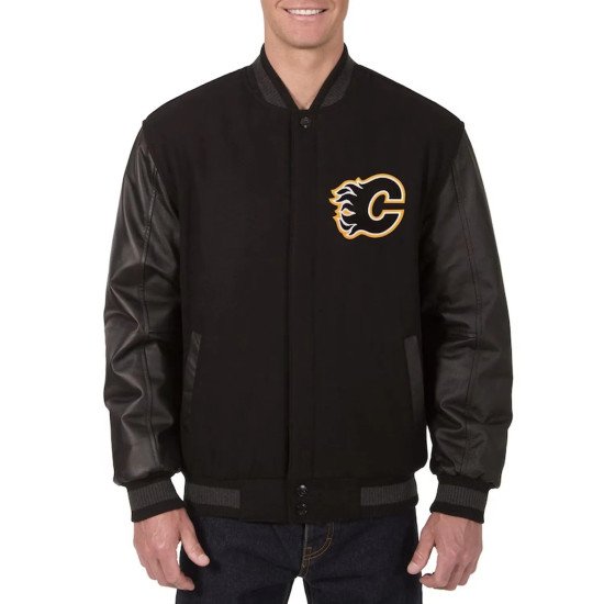 Calgary Flames Varsity Black Wool & Leather Jacket