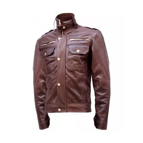 Chocolate Brown High Collar Leather Jacket for Men