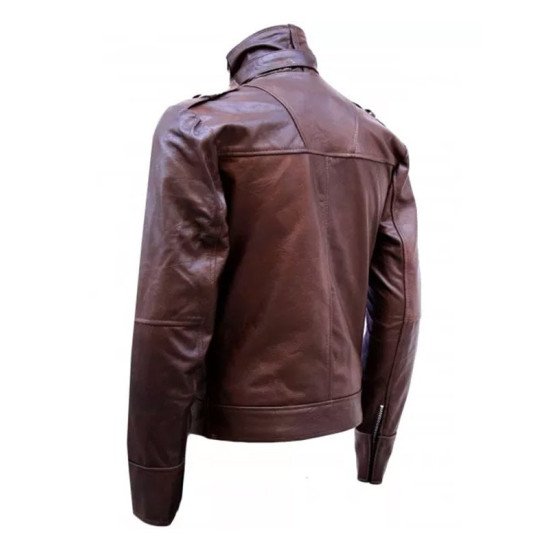 Chocolate Brown High Collar Leather Jacket for Men