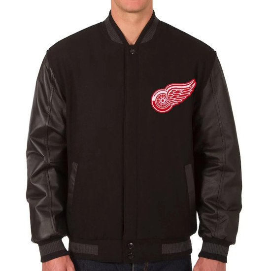 Detroit Red Wings Two Hit Wool & Leather Black Varsity Jacket