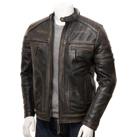 Distressed Brown Biker Leather Jacket For Men