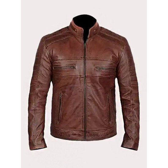 Distressed Leather Brown Biker Jacket for Men