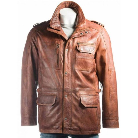 Double Collared Tan Leather Coat for Men