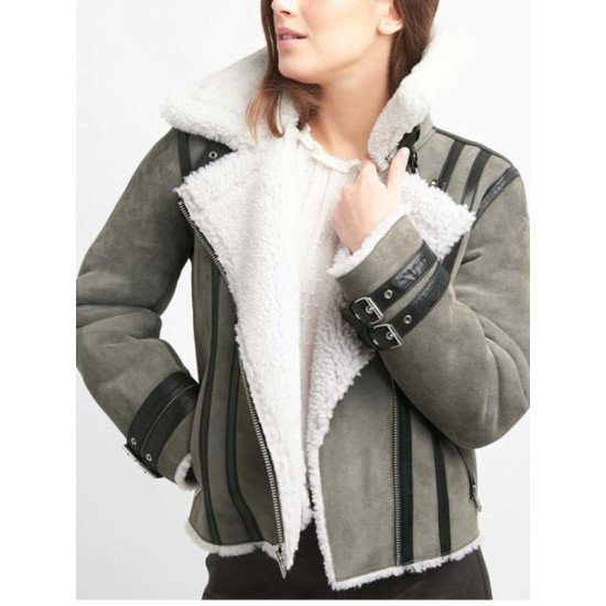 Elena Motorcycle Grey Suede Leather Shearling Jacket