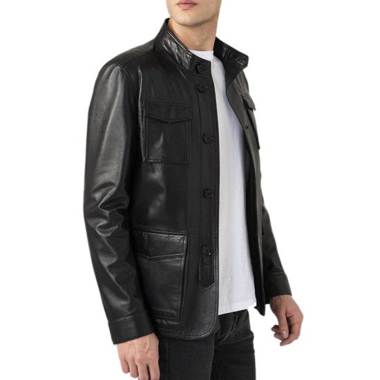 Four Flap Pockets Leather Black Jacket for Men