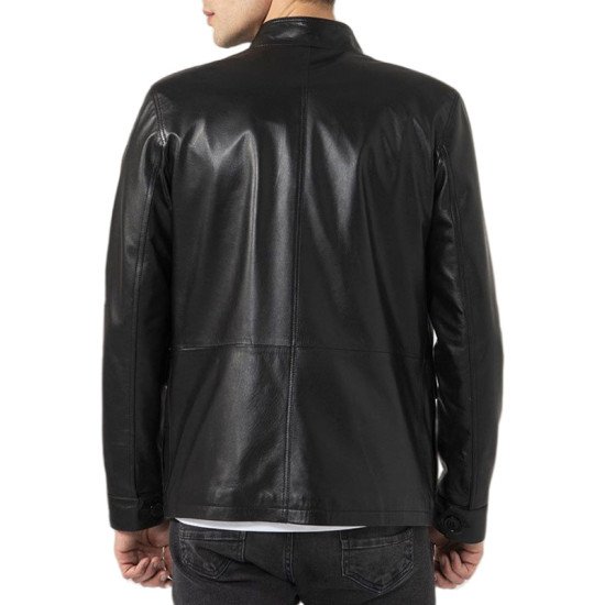 Four Flap Pockets Leather Black Jacket for Men