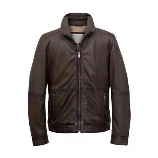 Full Zip Brown Leather Jacket for Men