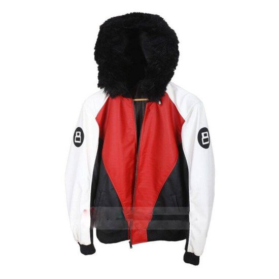 Fur Hooded 8 Ball Logo Bomber Style Leather Jacket