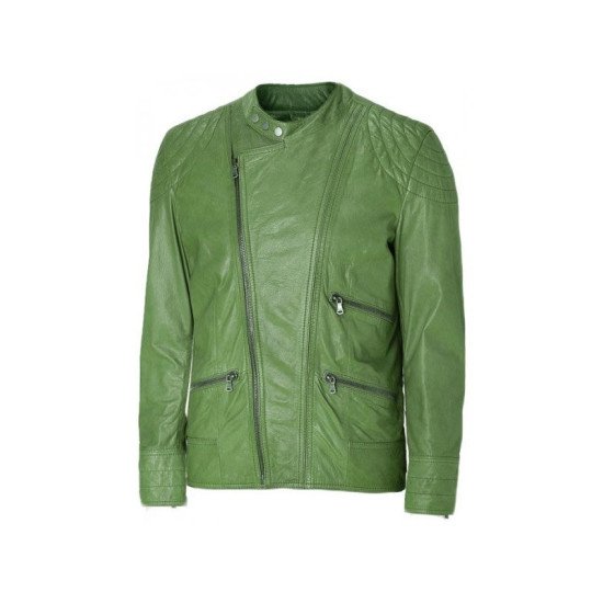 Green Leather Biker Jacket For Men