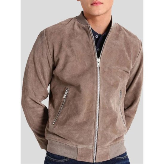 Grey Suede Leather Bomber Jacket for Men