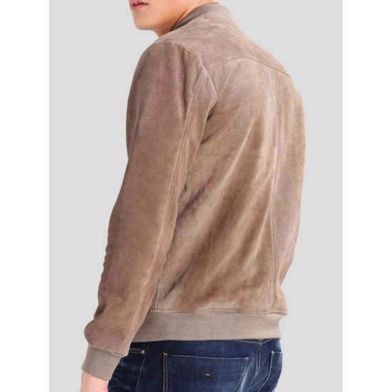 Grey Suede Leather Bomber Jacket for Men