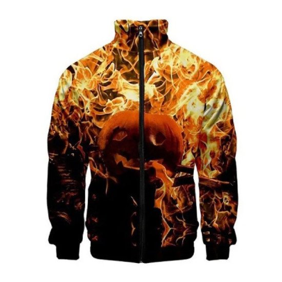 Halloween Fire Pumpkin Bomber Jacket