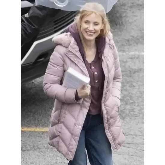 Jessica Chastain Film The Good Nurse 2022 Pink Puffer Jacket with Hood