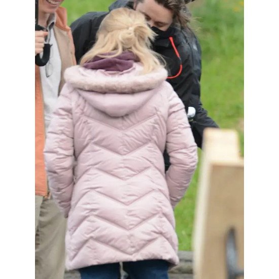 Jessica Chastain Film The Good Nurse 2022 Pink Puffer Jacket with Hood