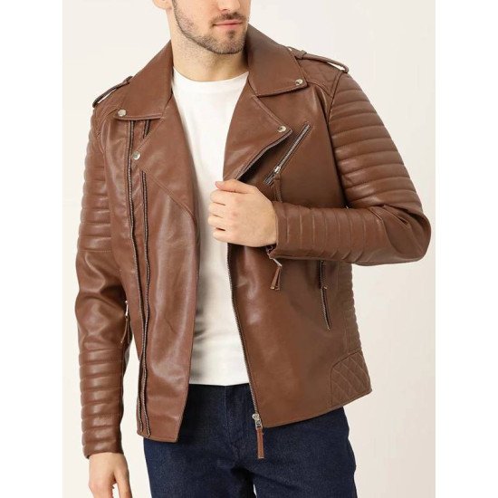 Men's Asymmetric Brown Leather Biker Jacket