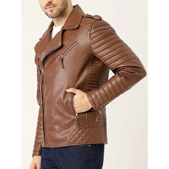 Men's Asymmetric Brown Leather Biker Jacket