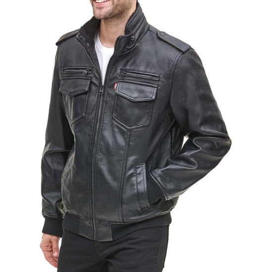 Men's Aviator Black Leather Bomber Jacket