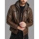 Men's Brown Leather Jacket with Hood