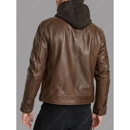 Men's Brown Leather Jacket with Hood