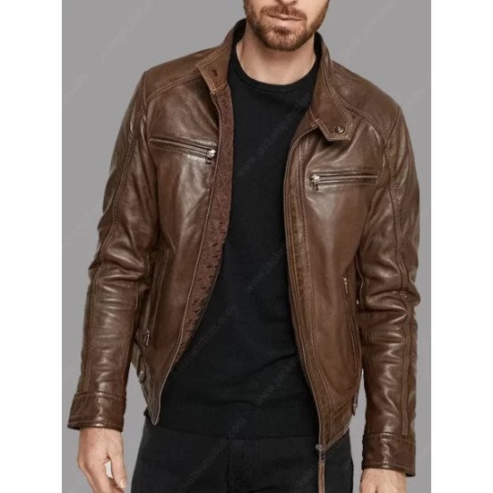 Men's Brown Leather Jacket with Hood