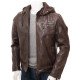 Men's Brown Leather Jacket with Removable Hood