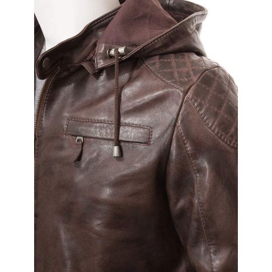 Men's Brown Leather Jacket with Removable Hood