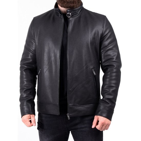 Men's Genuine Black Leather Biker Jacket with Belted Collar