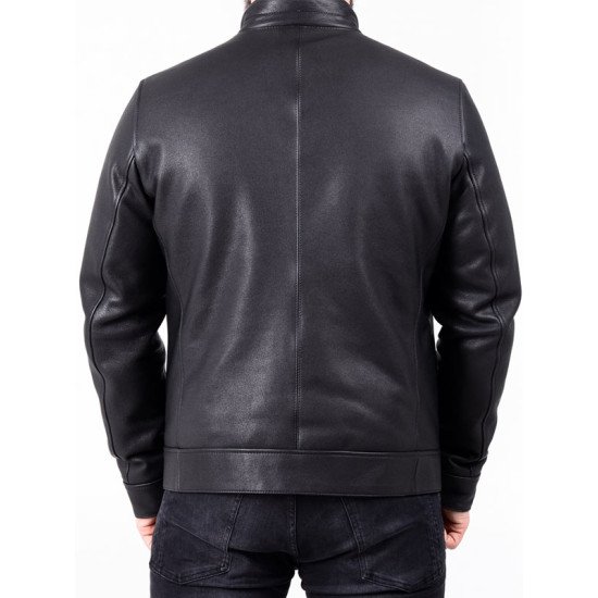 Men's Genuine Black Leather Biker Jacket with Belted Collar