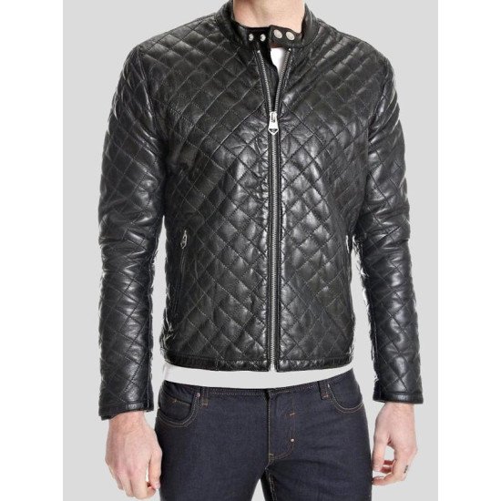 Men's Quilted Style Black Leather Jacket With Snap Tab Collar