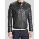 Men's Quilted Style Black Leather Jacket With Snap Tab Collar