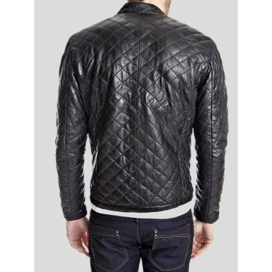 Men's Quilted Style Black Leather Jacket With Snap Tab Collar