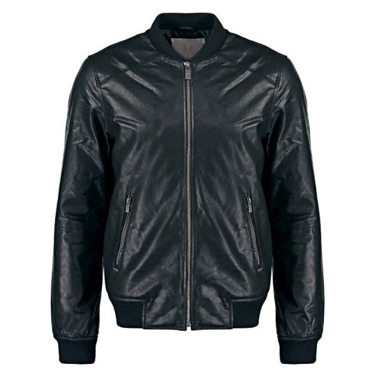 Men's Real Sheepskin Leather Bomber Jacket Solid Black